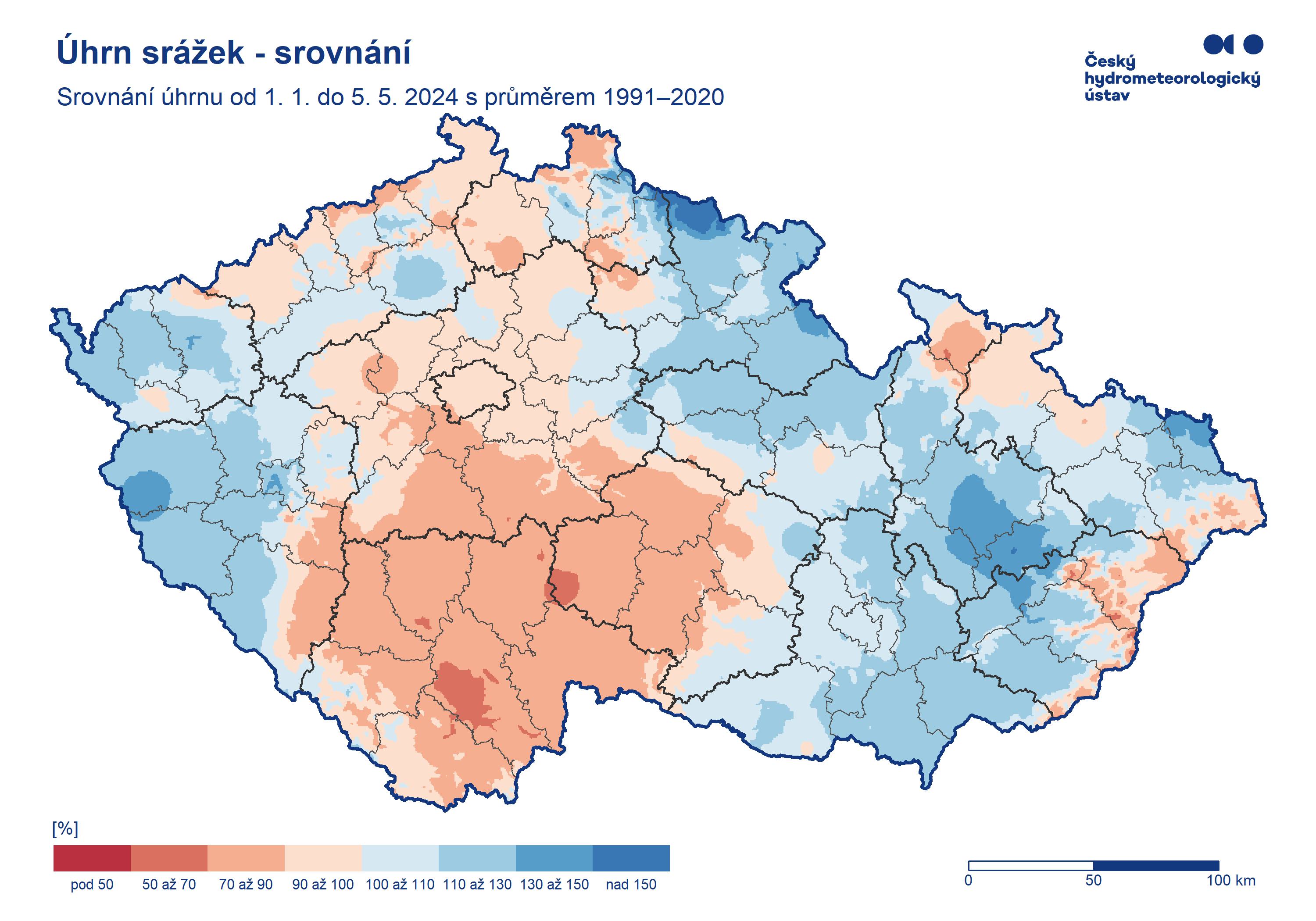 Poměr srážek k dlouhodobému normálu od 1. ledna - ČR