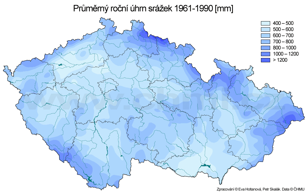 Klima v ČR: Průměrný roční úhrn srážek období 1961-1990.