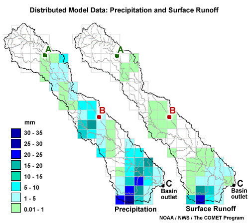 Comparison of distributed data for precipitation and surface runoff on a grid on a basin. 