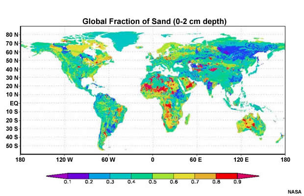 Global map of soils showing the fraction of sand contained in the top two centimeters 