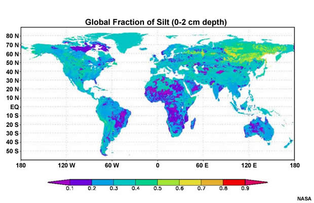 Global map of soils showing the fraction of silt contained in the top two centimeters of soil