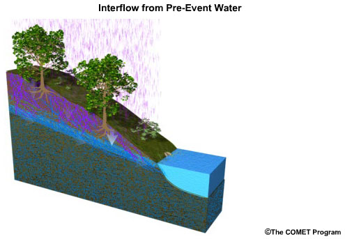 Animation showing how pre-existing water in the soil can become a significant contribution to a stream when it is displaced by newly infiltrated water during a storm