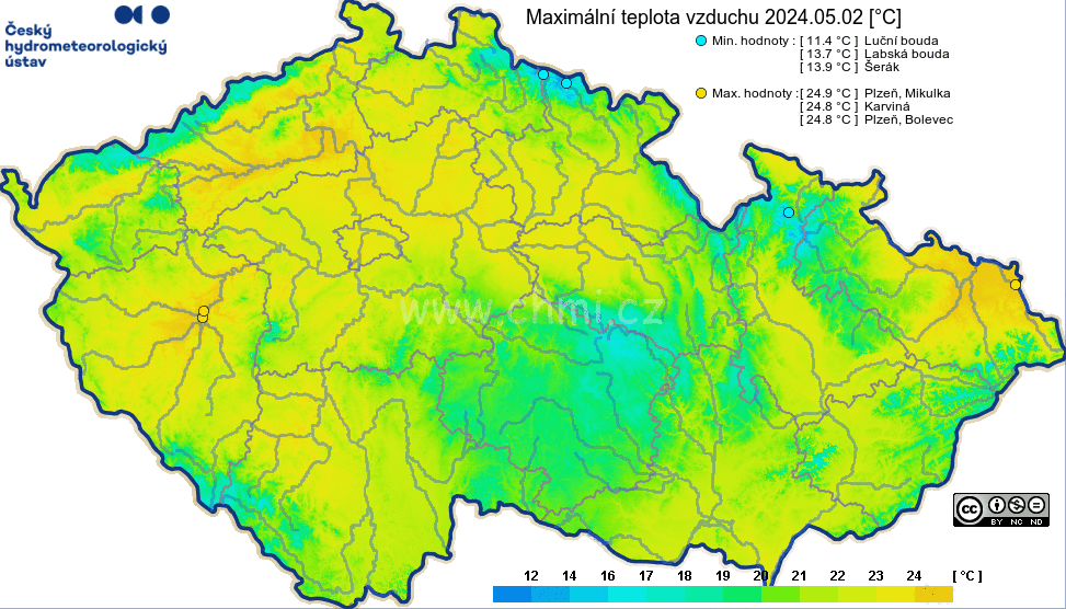 Maxima teploty v ČR za den